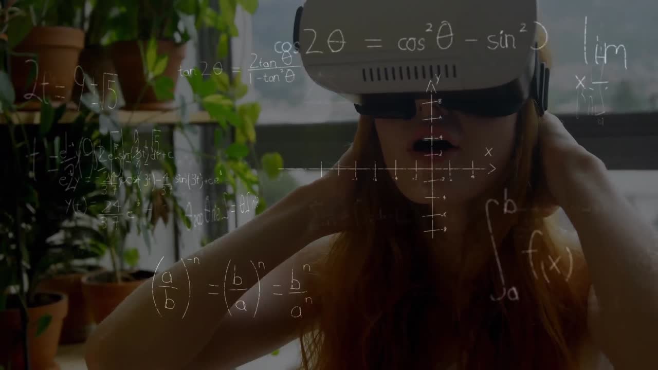 Animation of mathematical drawings and equations over woman wearing vr headset