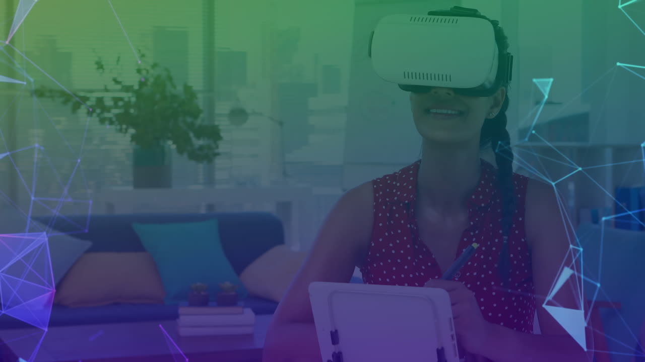 animación de redes de conexiones sobre mujer usando auriculares vr en el fondo