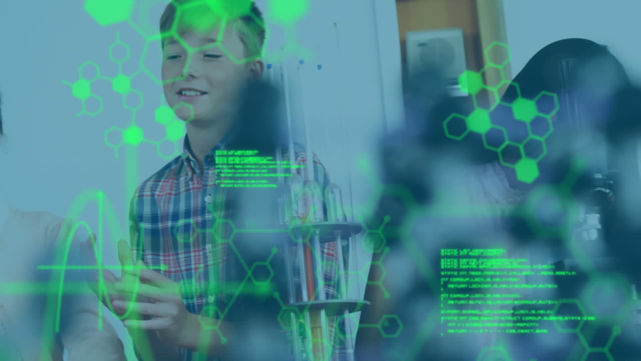 실험실에서 공부하는 학생들의 그룹에 대한 화학 구조 및 데이터 처리