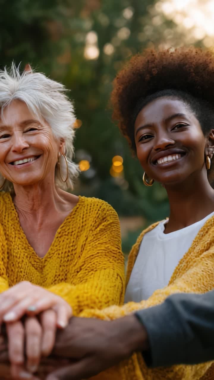 Un legame gioioso tra due donne, una con i capelli argentei e l'altra con i riccioli, entrambe con indosso un accogliente maglione giallo, che irradia calore e amicizia