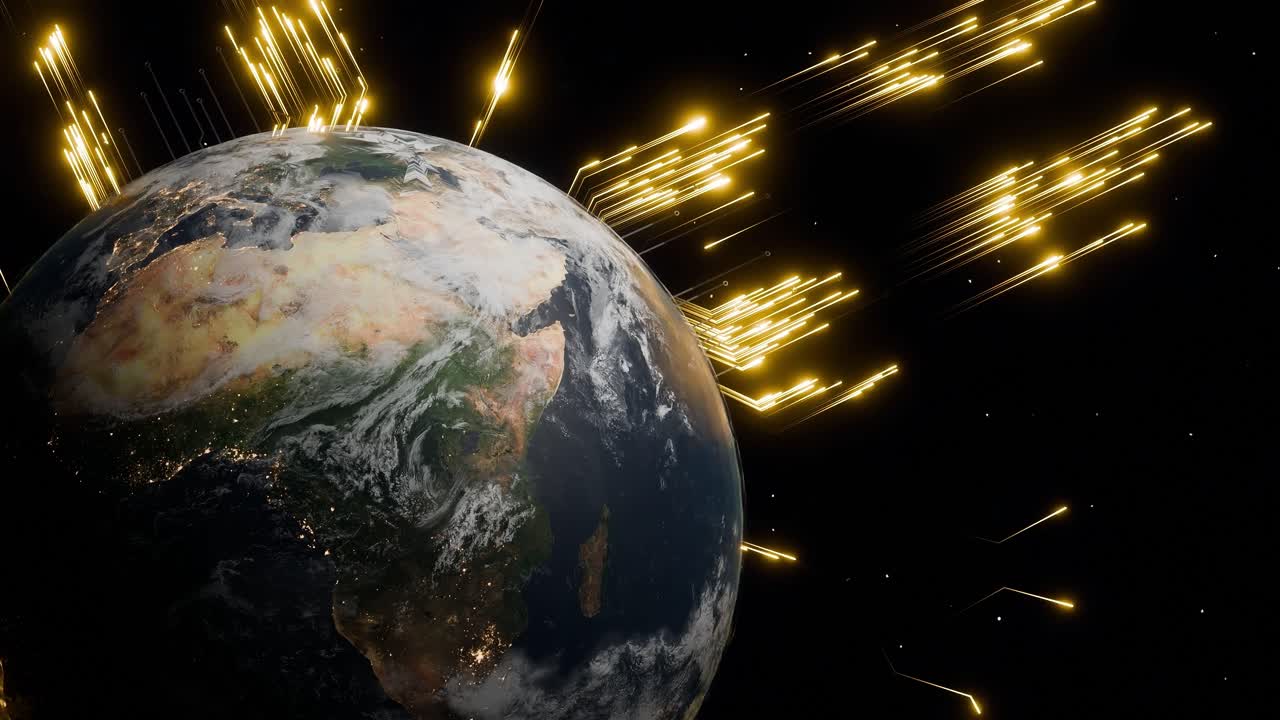 Planet Earth with visible Africa and parts of the Middle East at night and glowing golden digital arrows in outer space. 3D render representing global data flow, cyber communication and digital