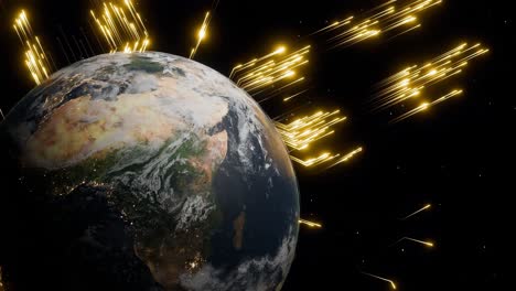 planet earth with visible africa and parts of the middle east at night and glowing golden digital arrows in outer space. 3d render representing global data flow, cyber communication and digital