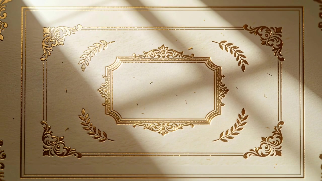 Getting sun through blinds, gold-foil card showing angled shadow on table by window, specks visible