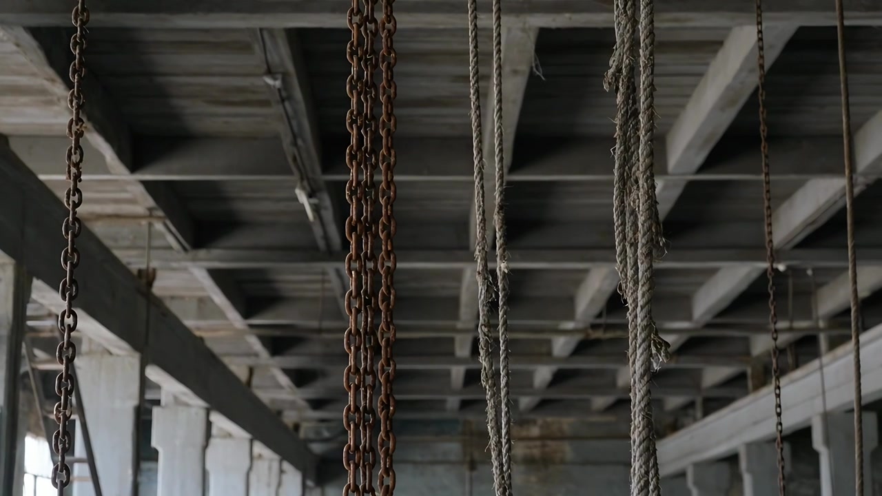 Swaying rusty chains and braided ropes shifting from draft via left windows at industrial ceiling