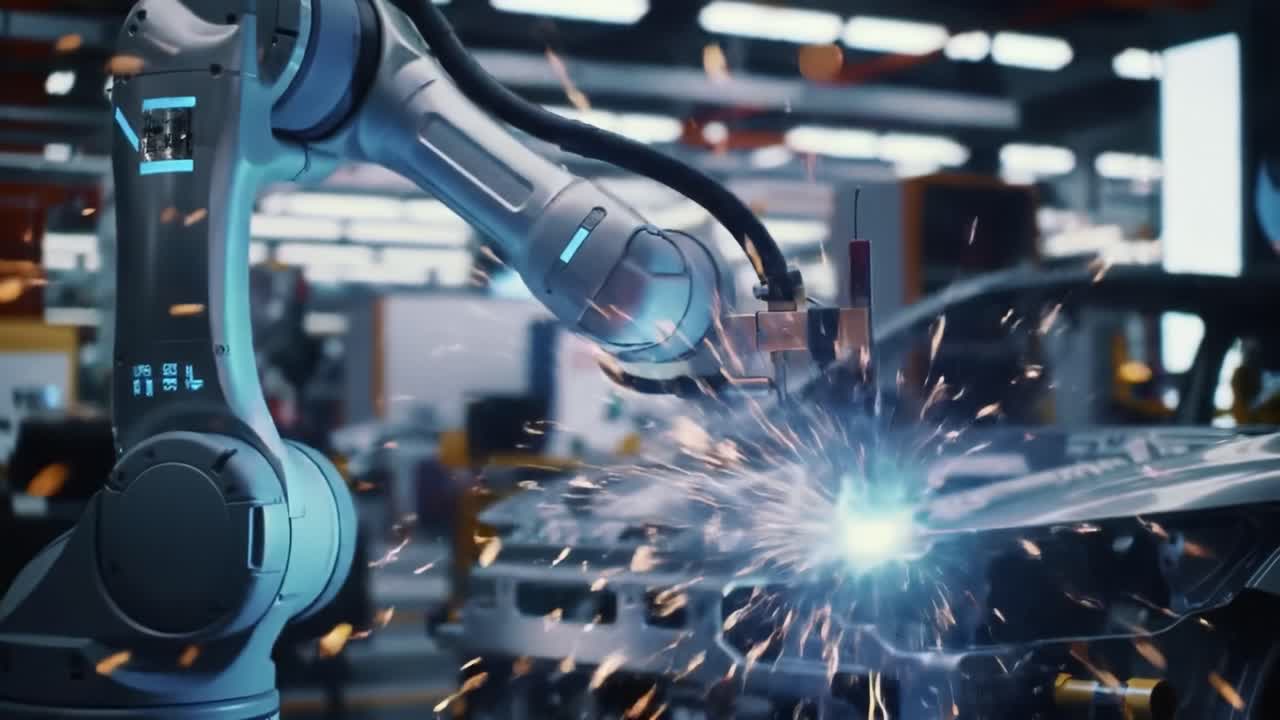 An Advanced Robotic Arm Engaged in Precision Welding Operations on an Automotive Assembly Line, Showcasing State-of-the-Art Manufacturing Technology and Innovation.