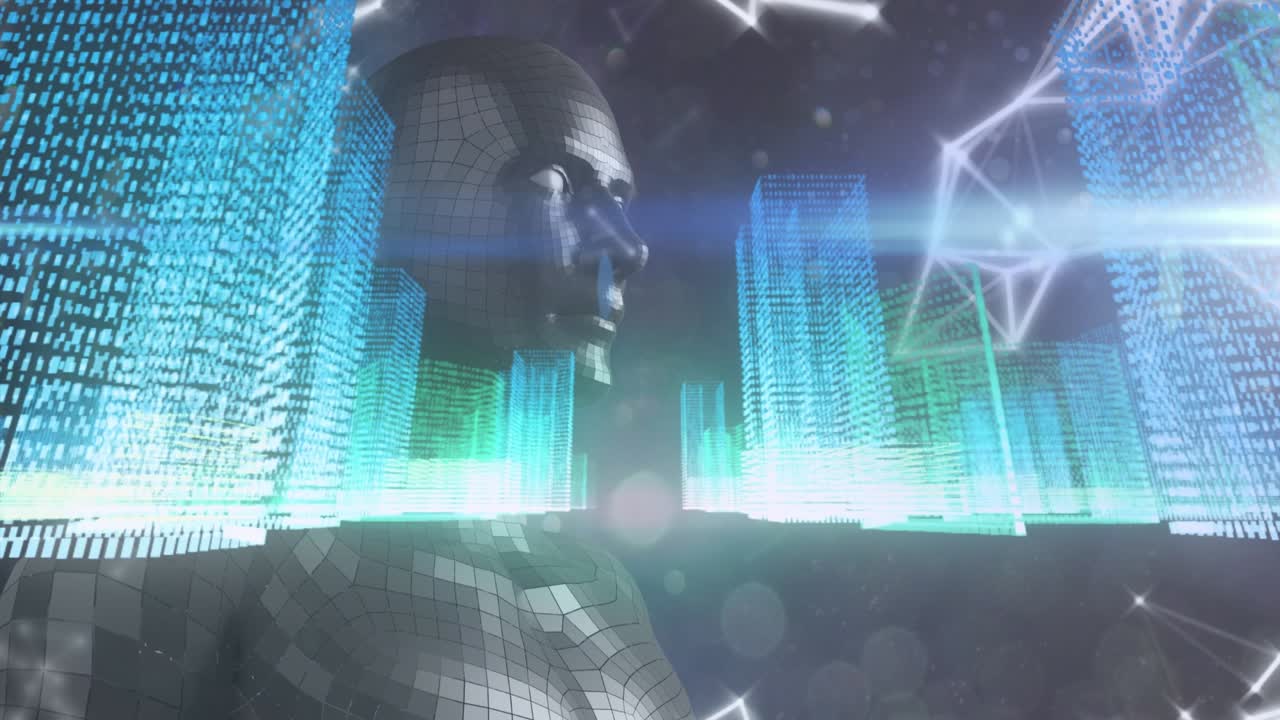 Animation of 3d city model over network of connections and human body model against grey background