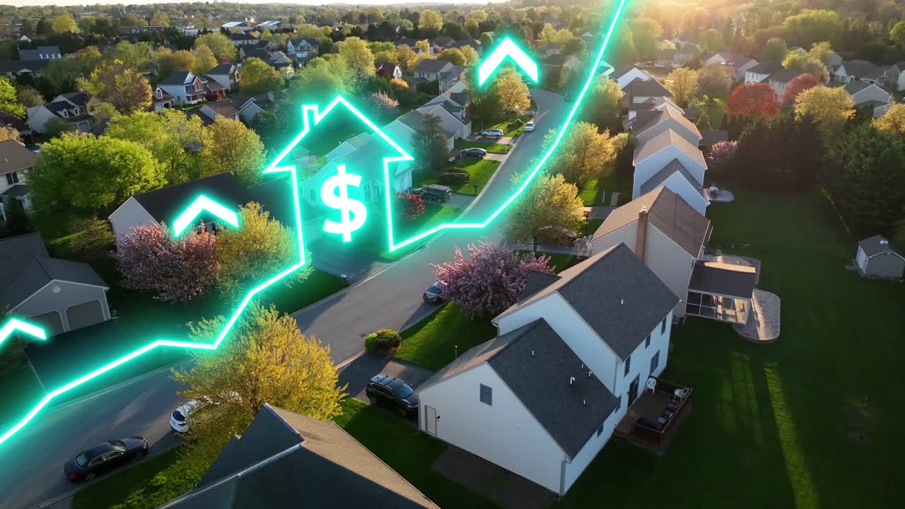 Rising house prices in American neighborhood. Aerial with neon animated ...