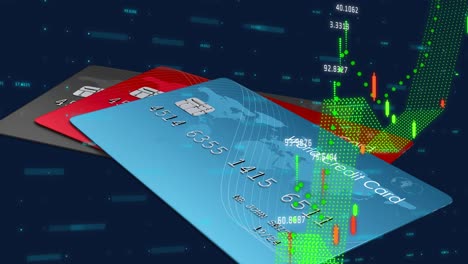 animation of financial data processing over pile of credit cards