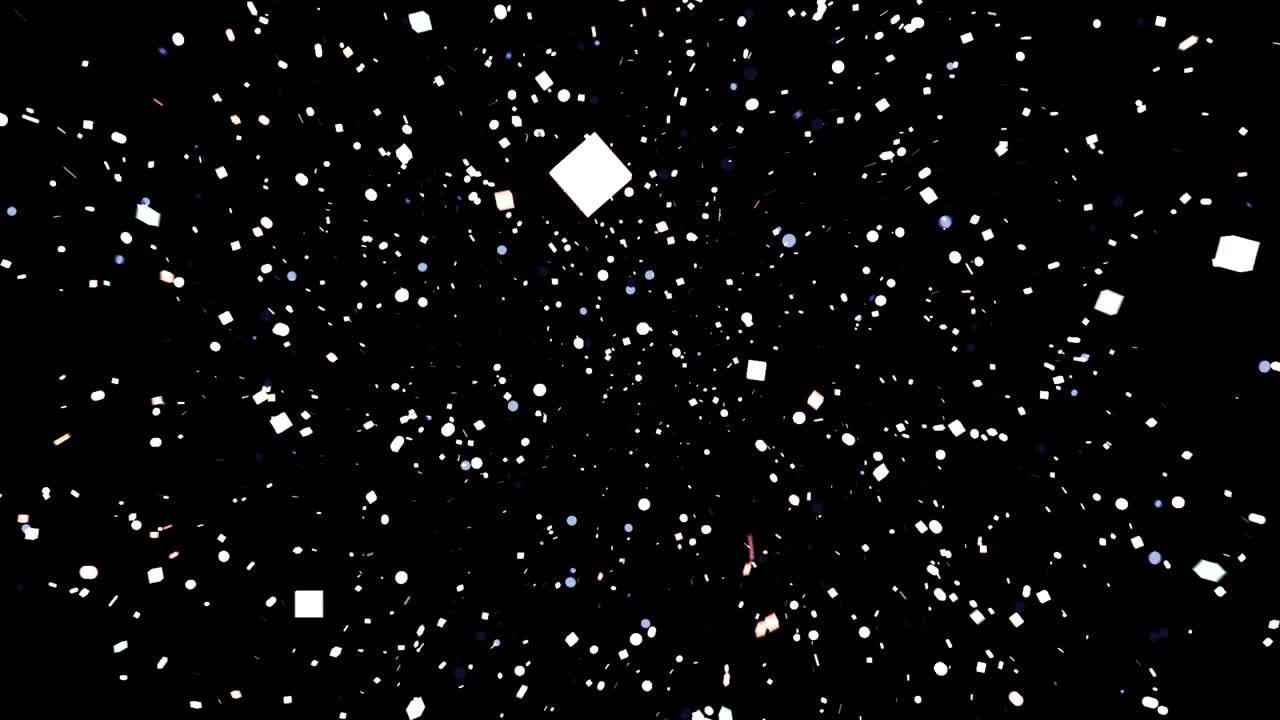 카메라에서 멀리 날아가는 콩페티는 검은색 바탕에 천천히, 모노크롬. 애니메이션. 추상적인 많은 색 떨어지는 작은 콩베티 조각은 다른 색을