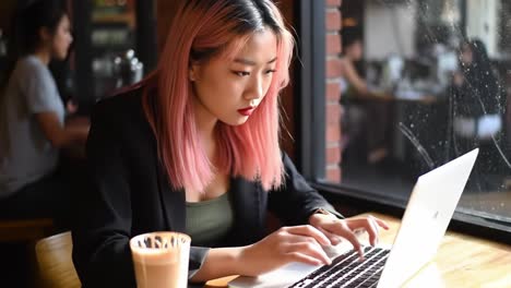 a focused individual engaged in digital work at a cozy cafe with a refreshing beverage, typing on a laptop in a relaxed atmosphere