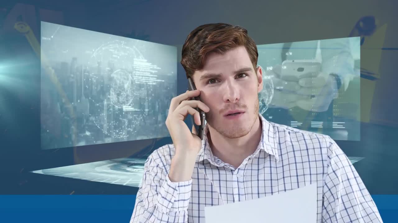 animación de un hombre de negocios hablando en un teléfono inteligente sobre el procesamiento de datos en pantallas