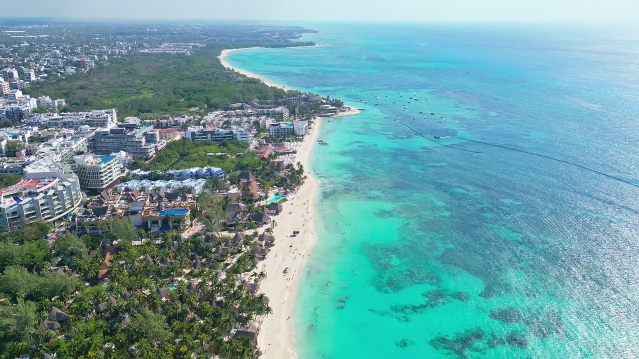 Playa del carmen beach with turquoise sea and sunny tropical mood, aerial view