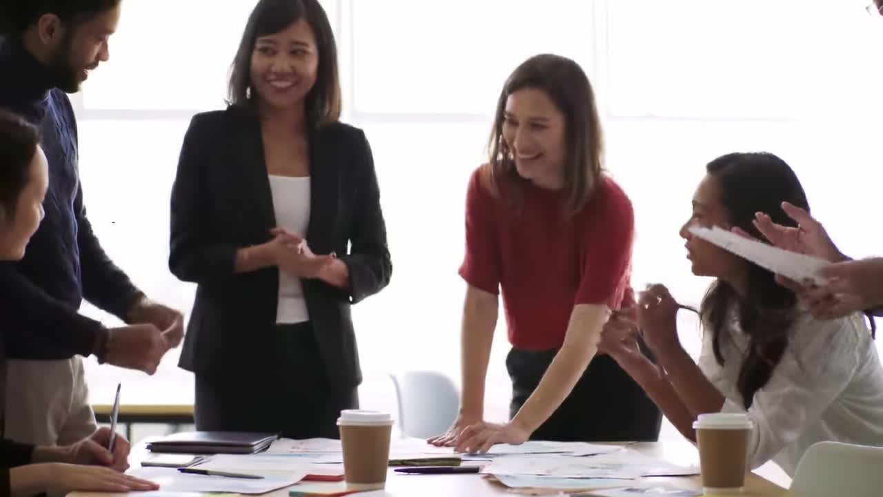 Collaborative Brainstorming Session Among Diverse Professionals in an Office Setting, Engaging in Creative Discussions While Analyzing Charts and Paperwork