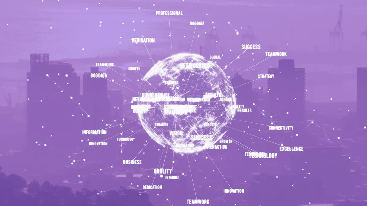 Animation of texts around globe over covered modern cityscape against sky