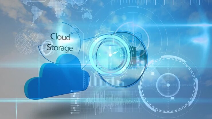 Animation of clock, data processing and world map over clouds