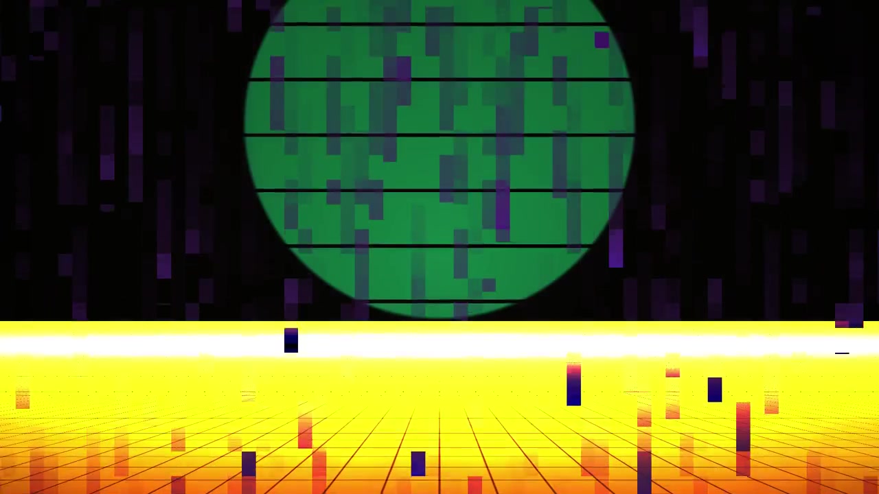 Paesaggio a griglia digitale retrò con pixel glitch e cerchio verde