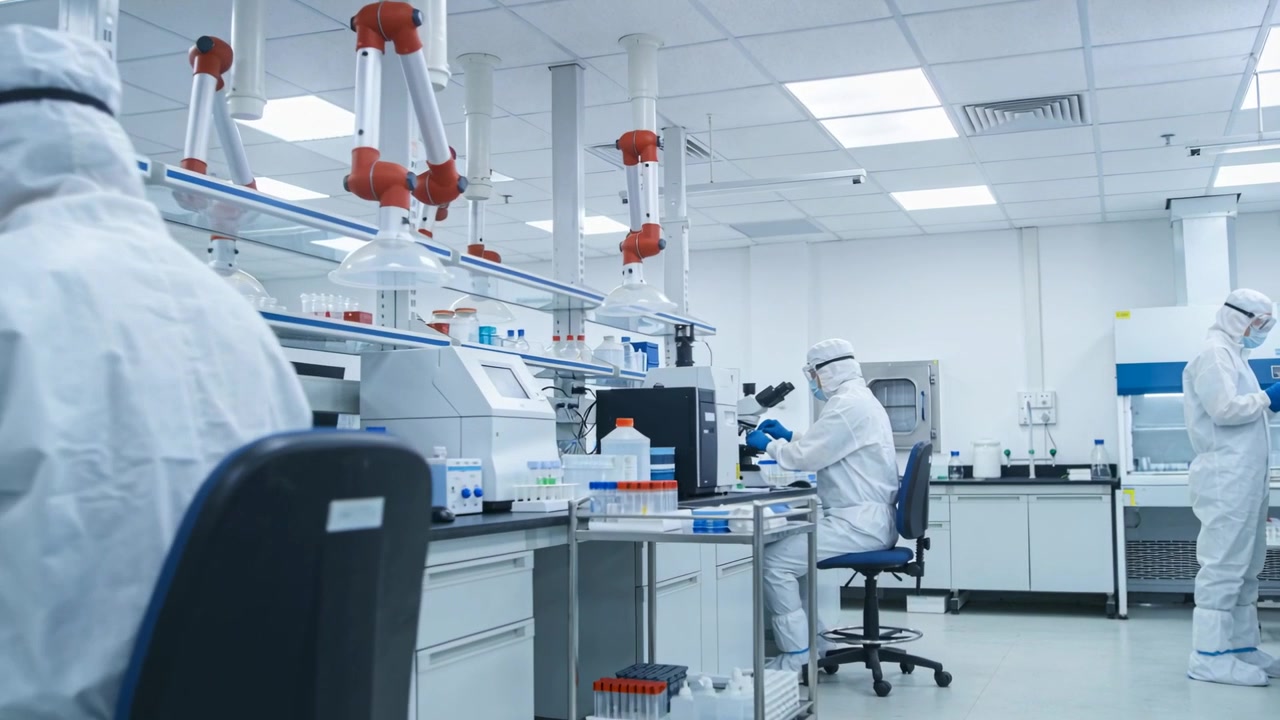 Examining central tech in white coveralls adjusting microscope and handling samples at lab bench