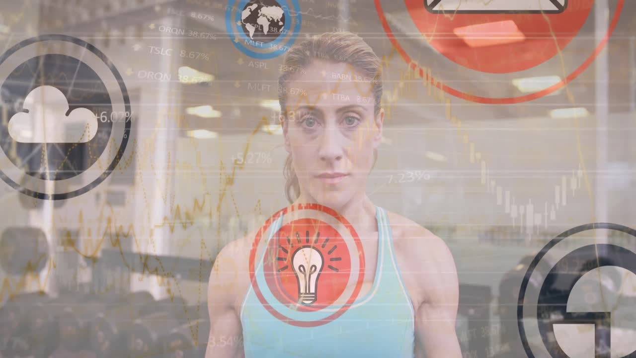 animación de iconos digitales contra mujer en forma caucásica trabajando con pesas en el gimnasio
