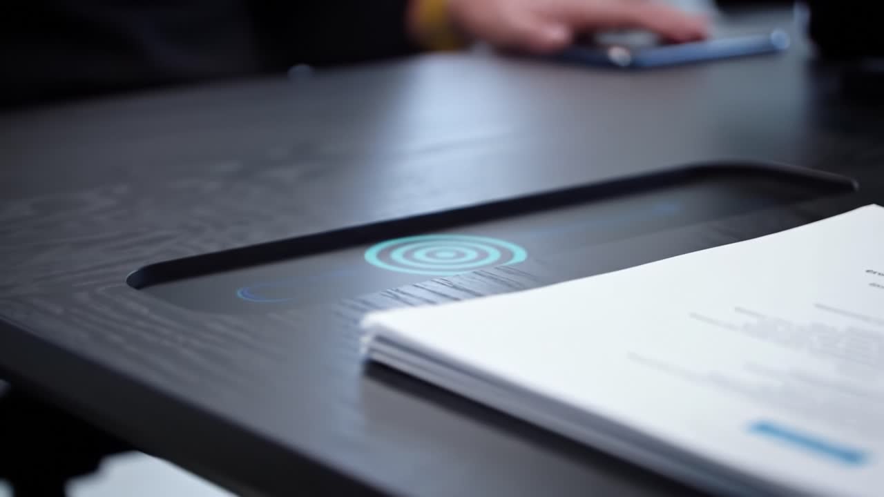 Innovative Workspace: A Close-Up of a Modern Desk Featuring Interactive Technology, Papers, and a Sleek Design Perfect for Efficient Productivity
