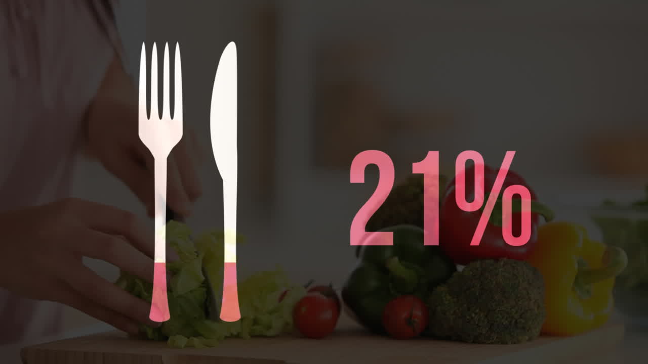 значок столовых приборов и увеличение процента в розовом цвете с шеф-поваром, готовящим блюдо