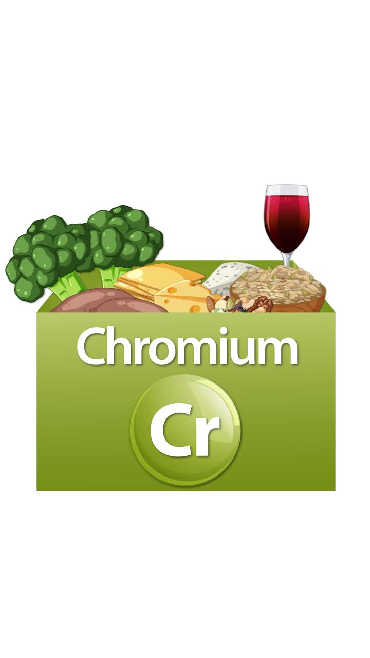 Animated vertical rotation of chromium supplement box with broccoli, grains, cheese, and wine glass