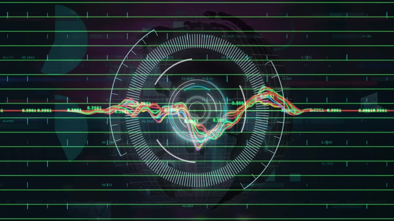 animación de un escáner redondo que gira sobre el procesamiento de datos estadísticos contra un fondo verde