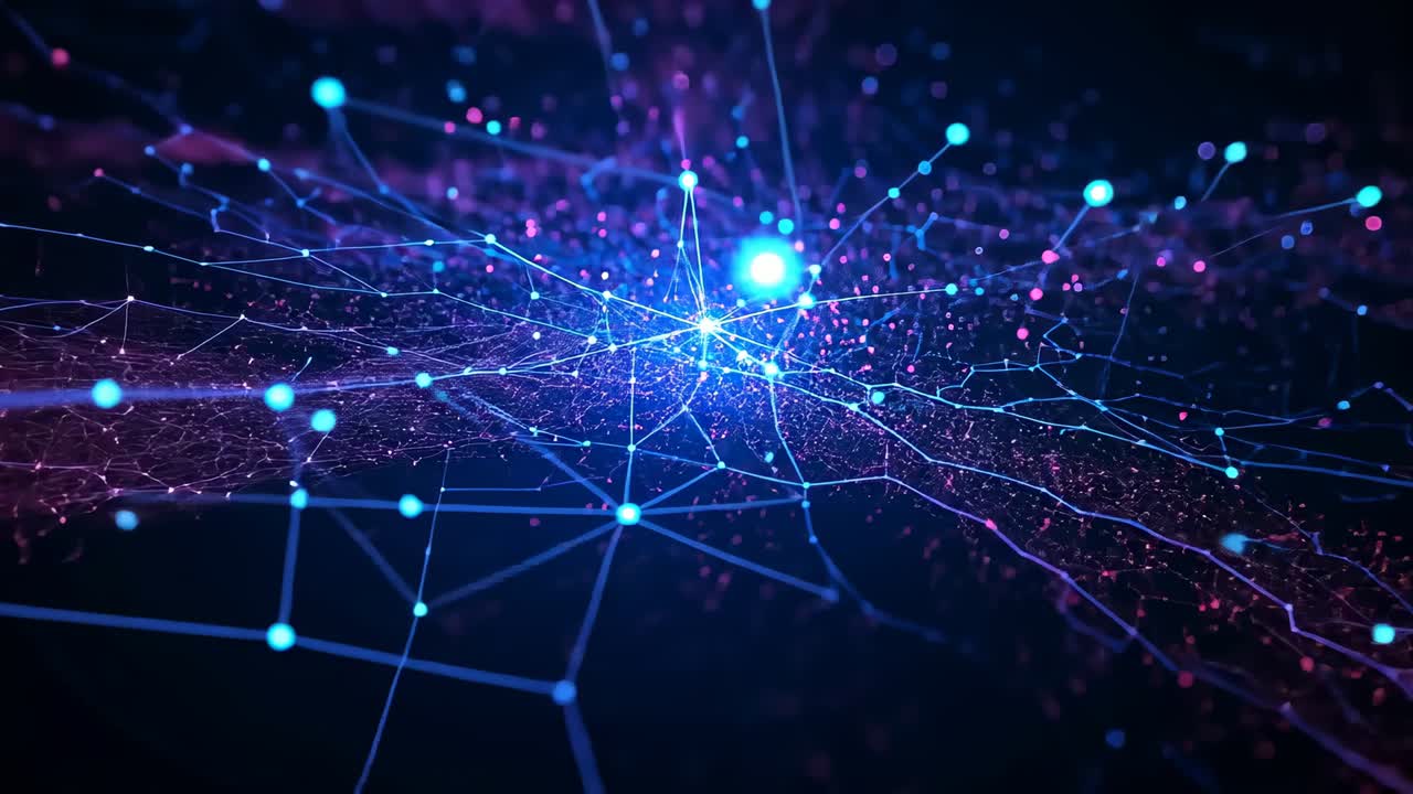 Zooming camera following pulses along connecting lines in void to reveal central glowing hub