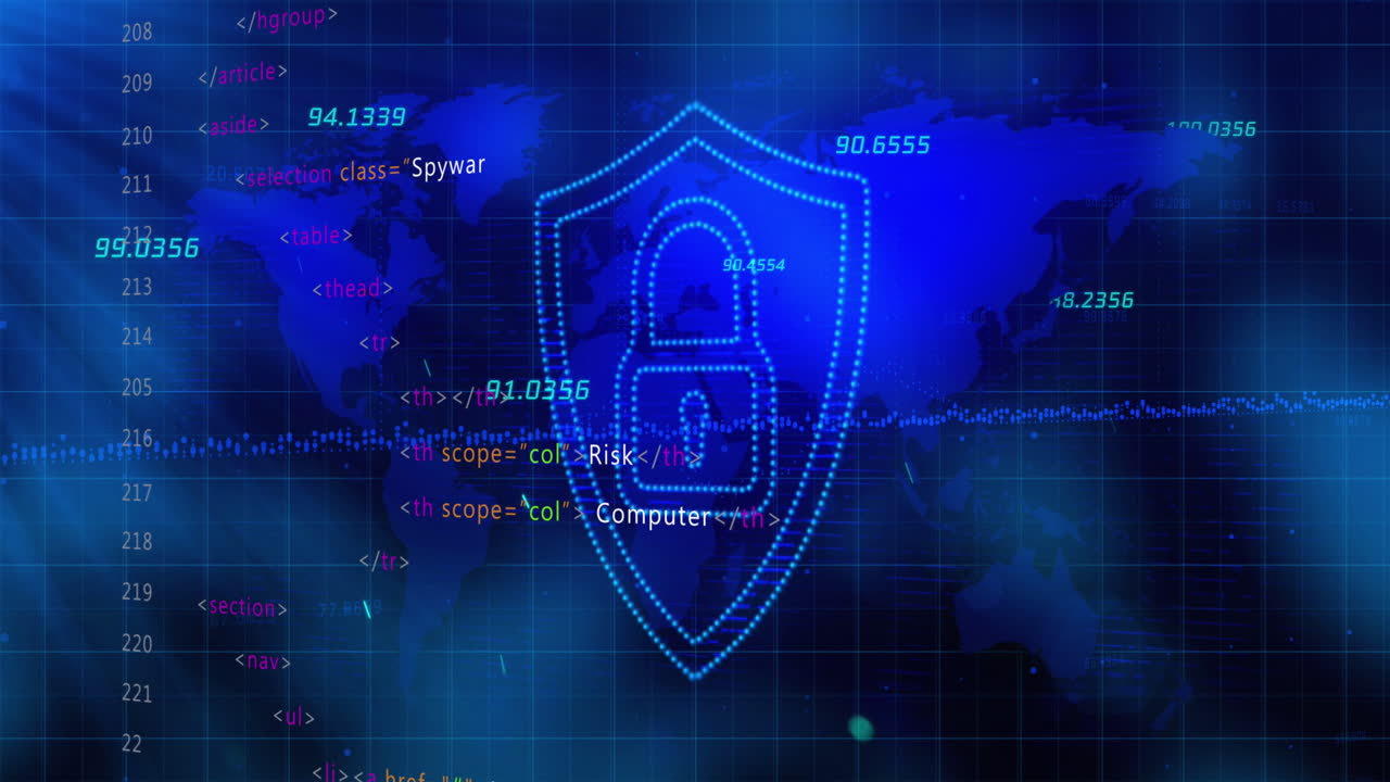 Security padlock and shield icon and stock market data processing over world map on blue background