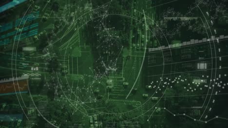 animación del procesamiento de datos y la red de conexiones sobre el paisaje urbano