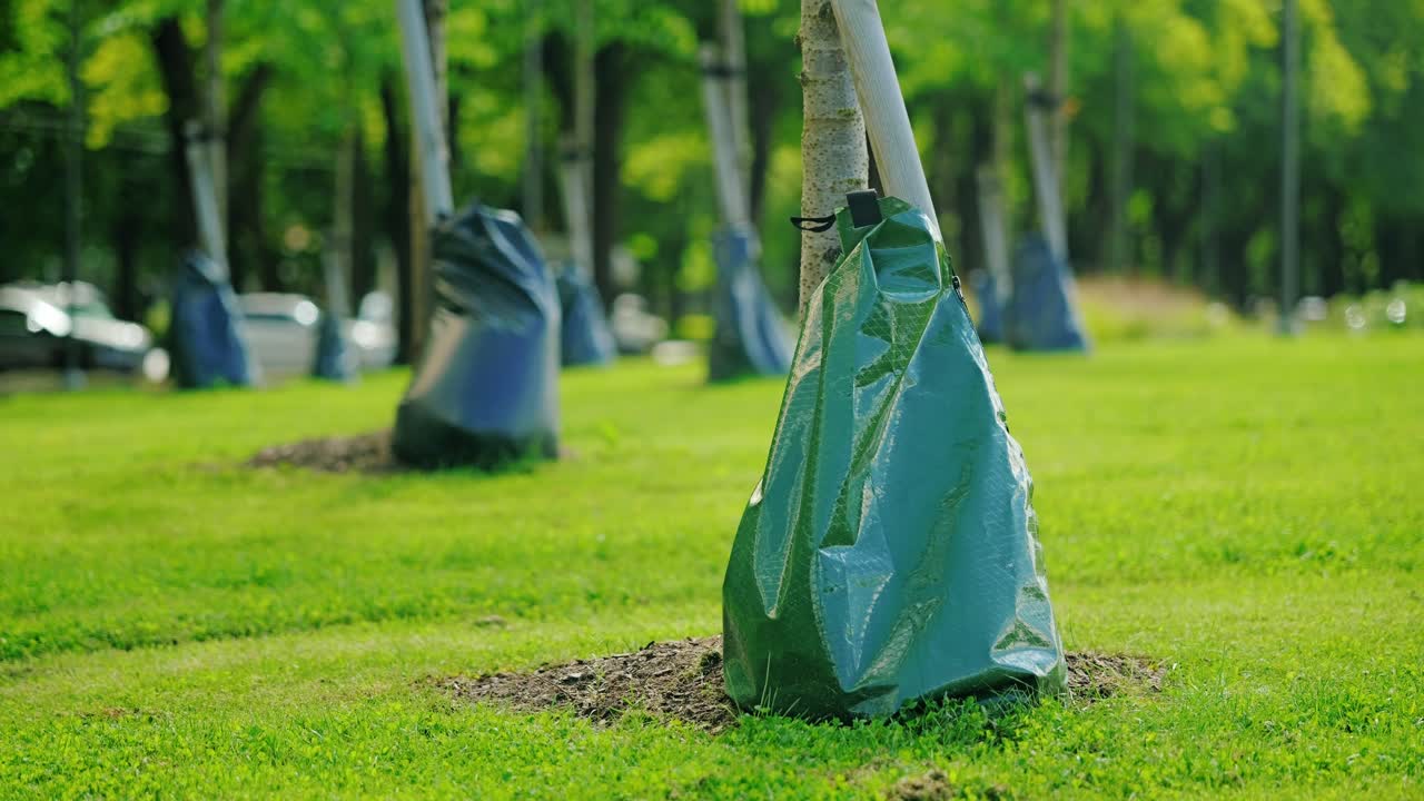 Giovani alberi urbani avvolti in sacchi per l'irrigazione che aiutano le radici a crescere in un parco verde