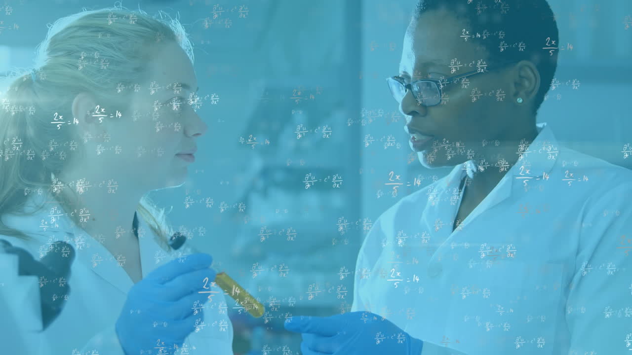 Animation of mathematical formulas over diverse scientists with test tubes discussing in laboratory