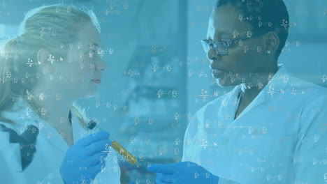 animation of mathematical formulas over diverse scientists with test tubes discussing in laboratory