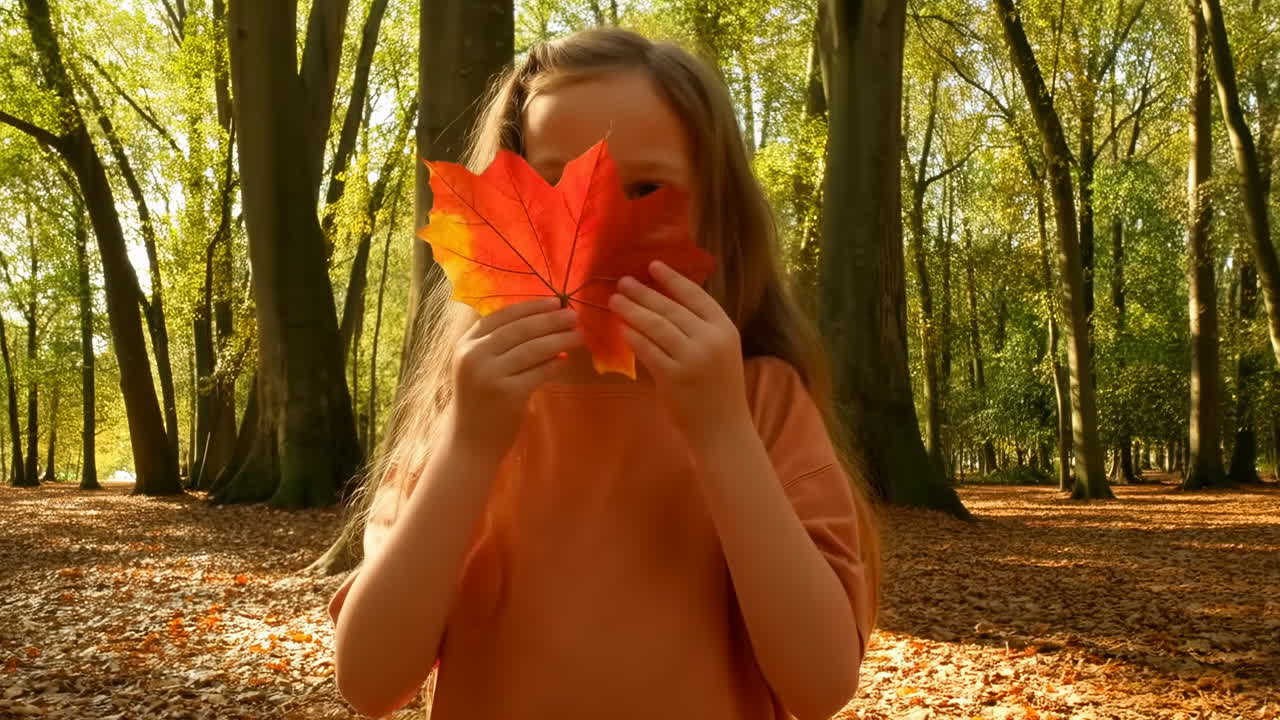Giovane ragazza che tiene una vivace foglia d'acero autunnale in una foresta