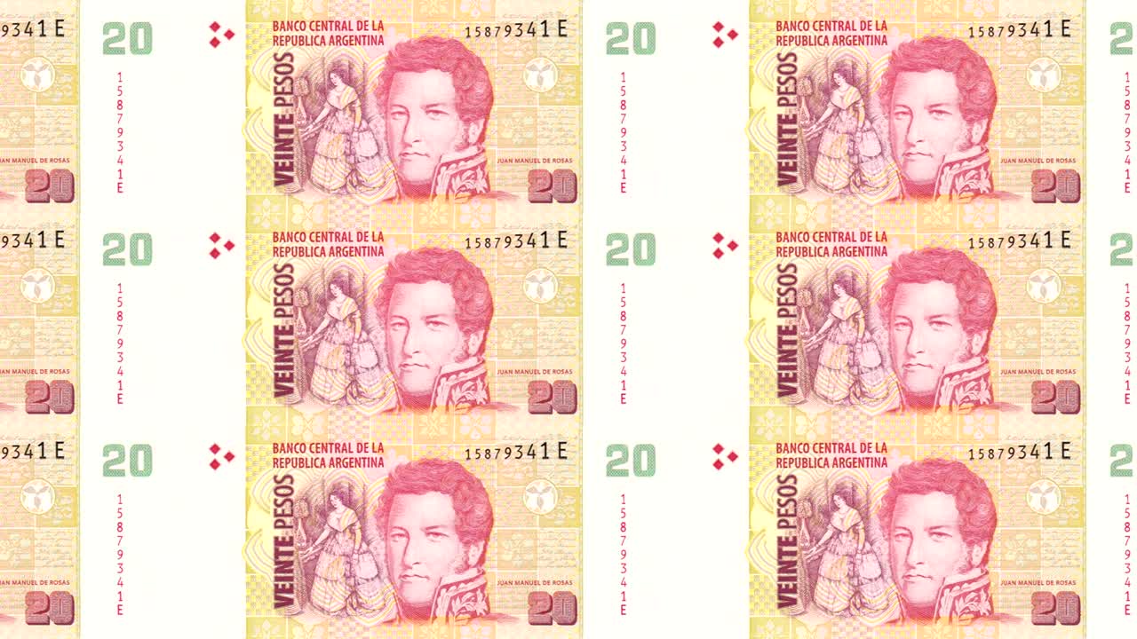 아르헨티나 공화국 은행의 20 페소 지폐, 화면에 굴러, 세계 동전, 현금, 루프