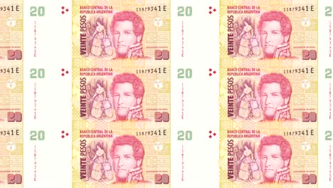 banknotes of twenty argentine pesos of the bank of the republic argentine rolling on screen, coins of the world, cash money, loop