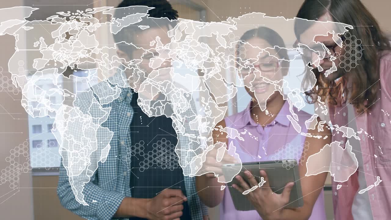 Animation of data processing and world map over diverse colleagues discussing over digital tablet