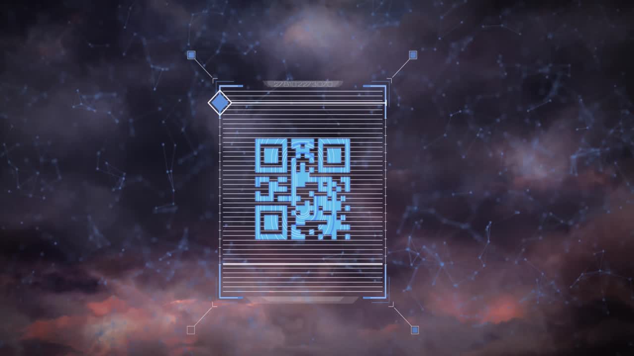 Animation of neon barcode scanner and network of connections against thunder and dark clouds