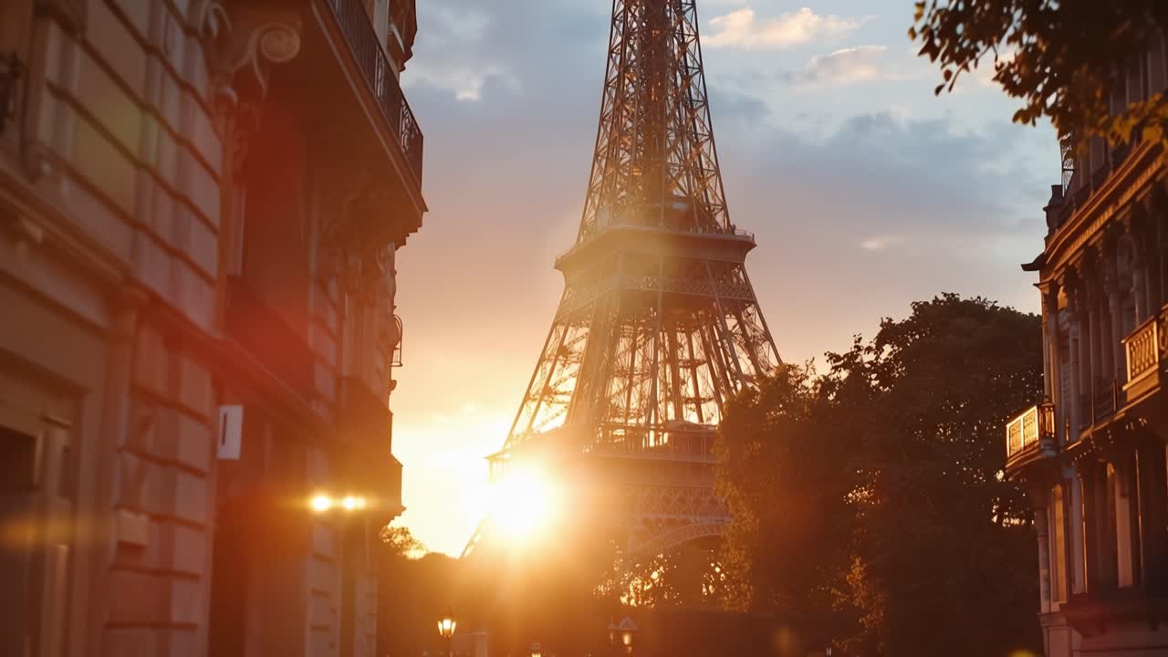 Il sole dorato tramonta dietro le strade parigine. La Torre Eiffel si erge imponente, immersa in una luce calda. Gli edifici incorniciano la scena con architettura classica. Le persone passeggiano tranquillamente, sagomate dal bagliore.