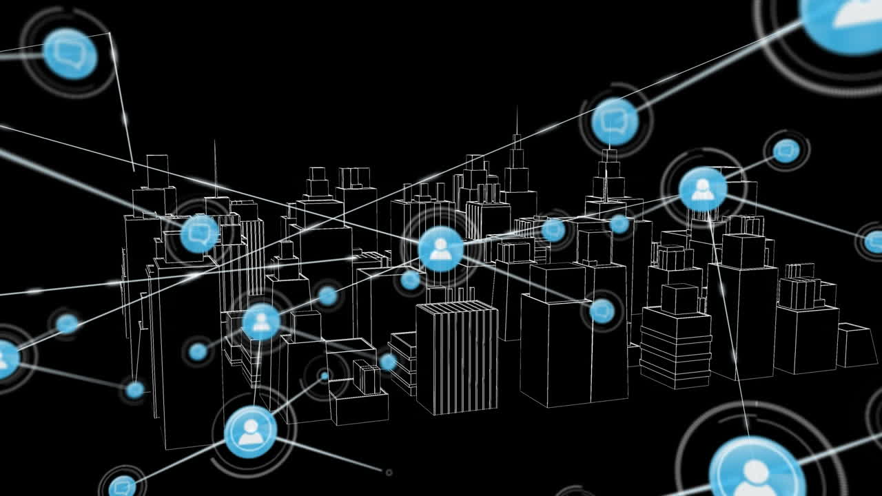 Animation of networks of connections with icons over 3d city drawing spinning on black background
