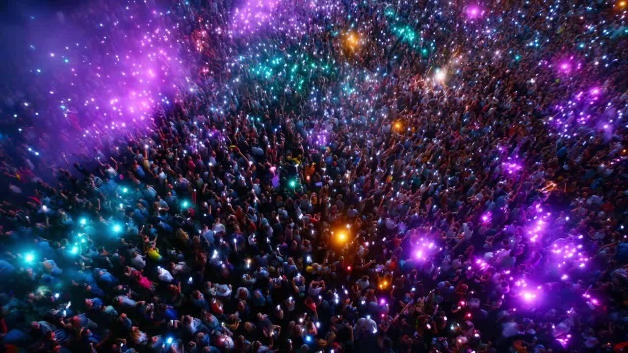 A vibrant, captivating aerial view of a pulsating crowd illuminated by thousands of shining lights, evoking a sense of excitement, unity, and wonder in a spectacular atmospheric setting full of energy