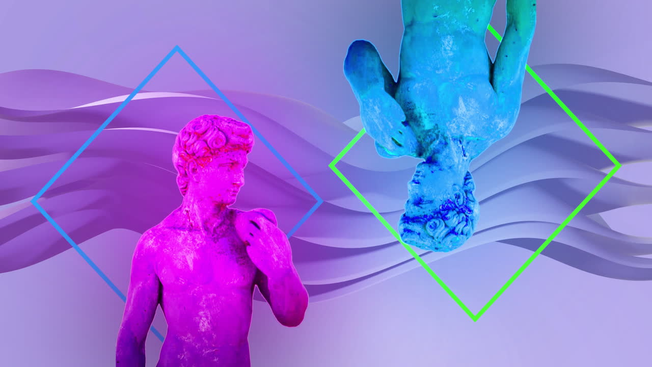 Animation of ancient sculptures moving over waving multi coloured background