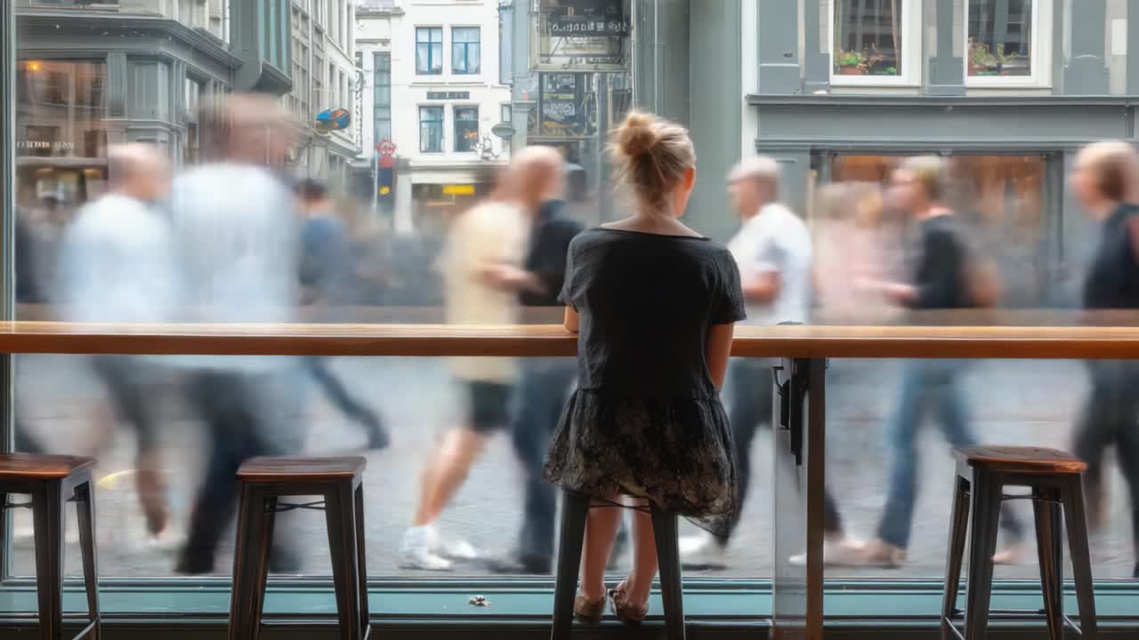 A Solitary Figure Observing a Bustling Street Scene Through a Window, Capturing the Contrast Between Stillness and Motion in Dynamic City Life