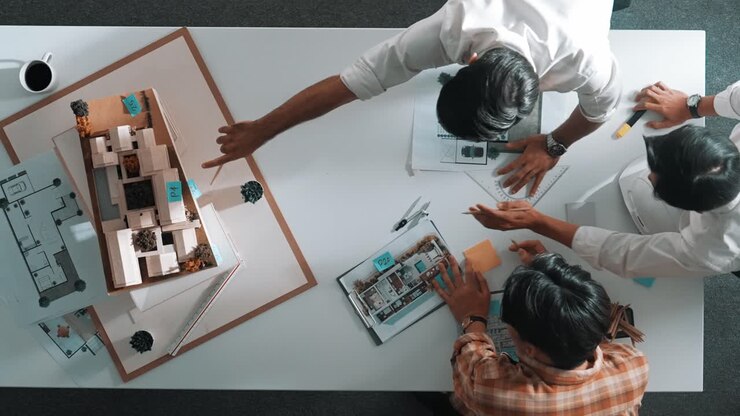 Group of designer look at model while discussing about building. Alimentation.
