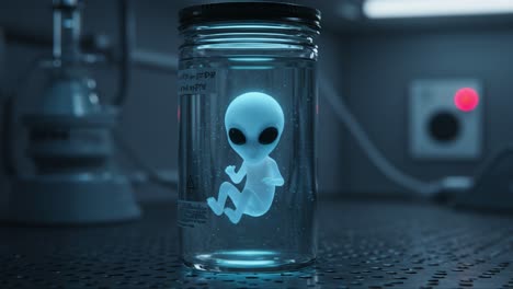 a mysterious alien creature encased in glass: exploring the concepts of extraterrestrial life and science fiction in a high-tech laboratory environment