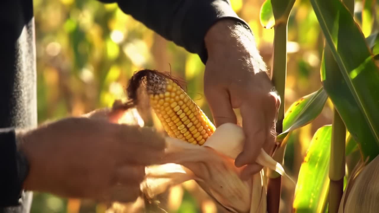 Harvesting Sweet Corn on a Sunny Day in a Vibrant Field During Late Summer