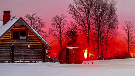 fiery red sunset over a cabin and sauna on a foggy, misty winter evening - surreal time lapse