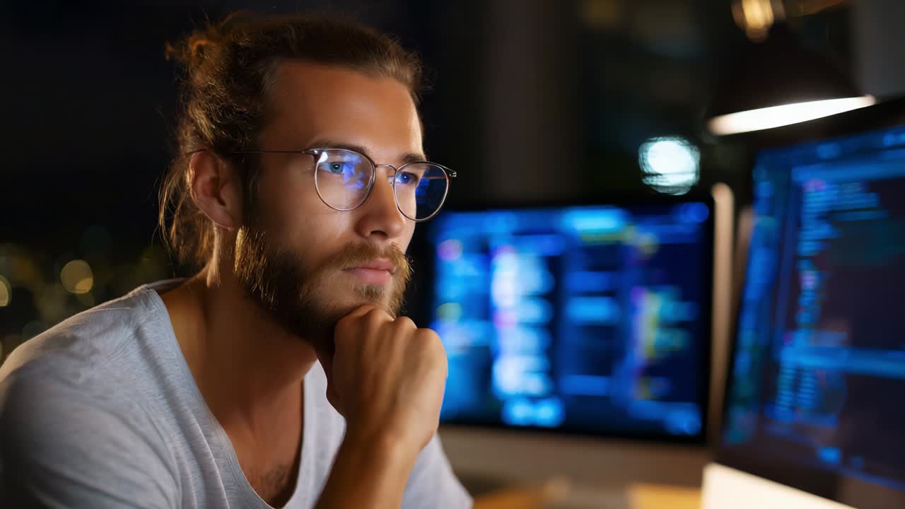 Focused Male Programmer in Modern Workspace Analyzing Code on Multiple Screens While Contemplating Solutions in a Dimly Lit Environment, Displaying Intense Concentration and Engagement with Technology