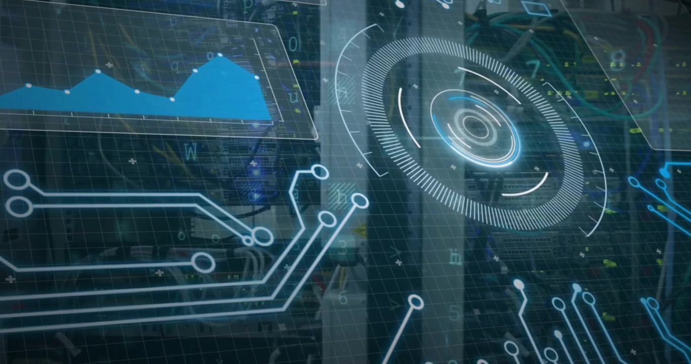 Digital Cybersecurity Interface Overlaid on Server Room Infrastructure