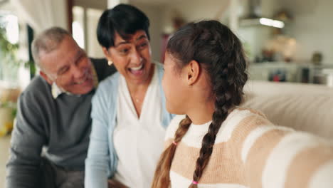 girl, teenager and funny selfie with parents
