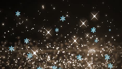 Animation-of-snowflakes-over-light-spots-on-black-background